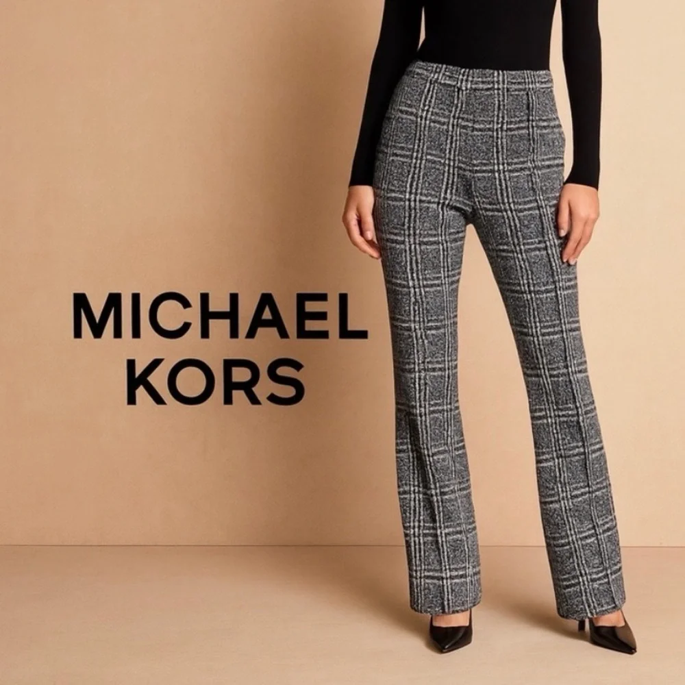 Michael Kors Plaid Straight Cut Pants Trousers Side Zipper Black & Gray Size L